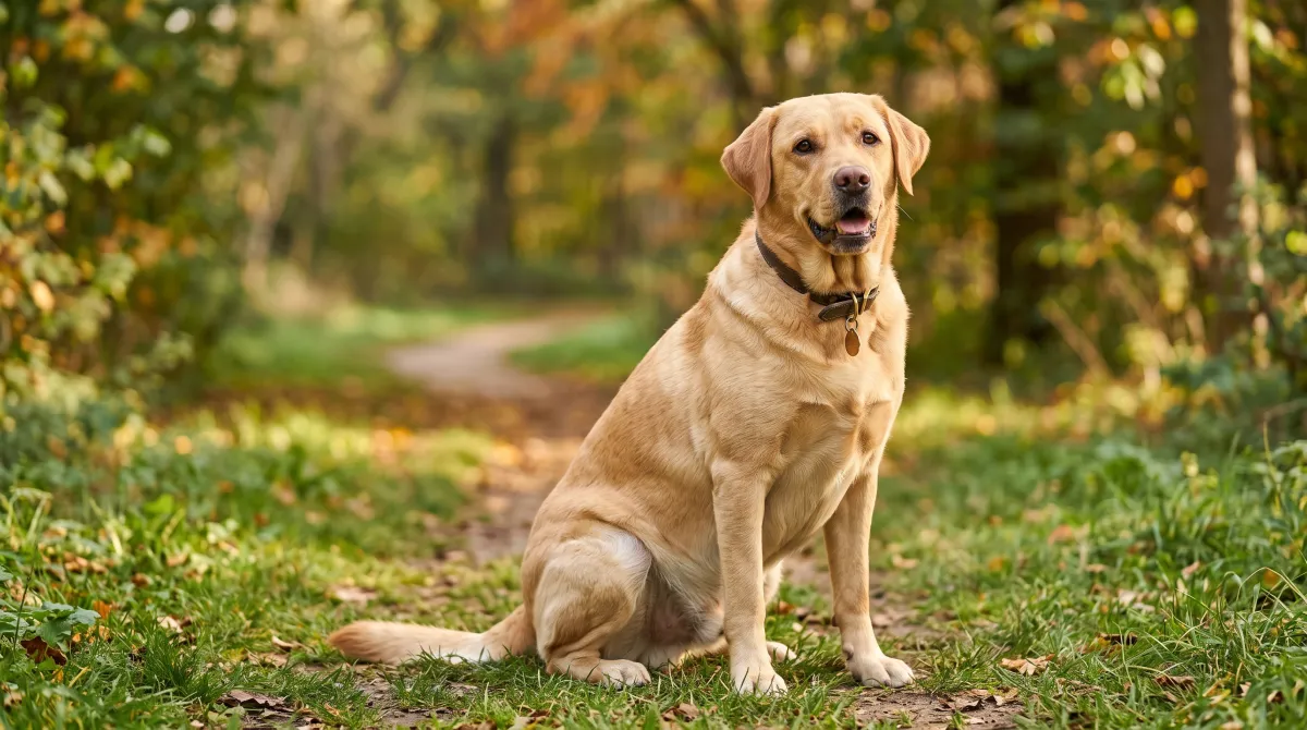Labrador sitzt auf einem Waldweg