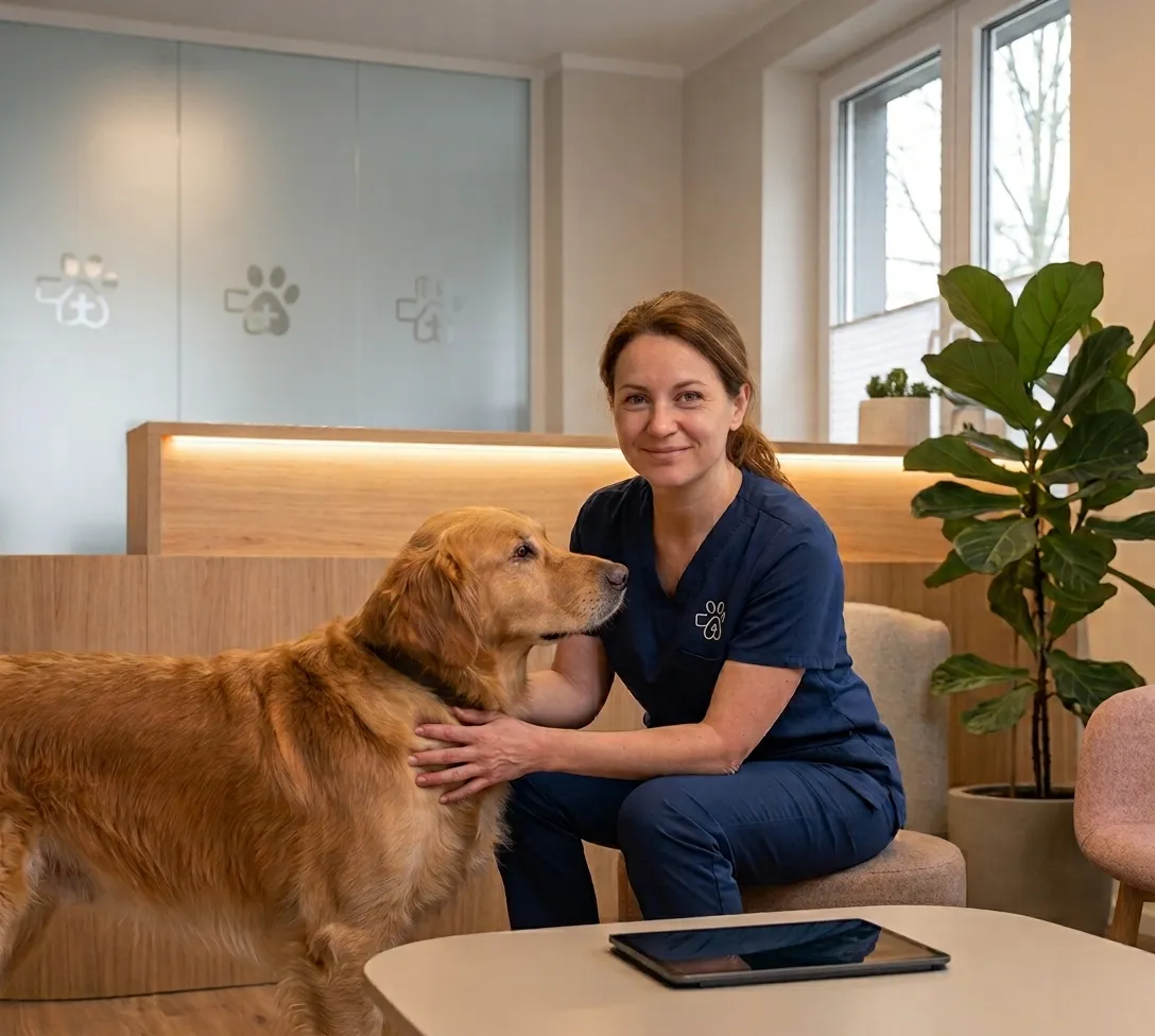Tierärztin kniet neben einem Golden Retriever in einer modernen Praxis